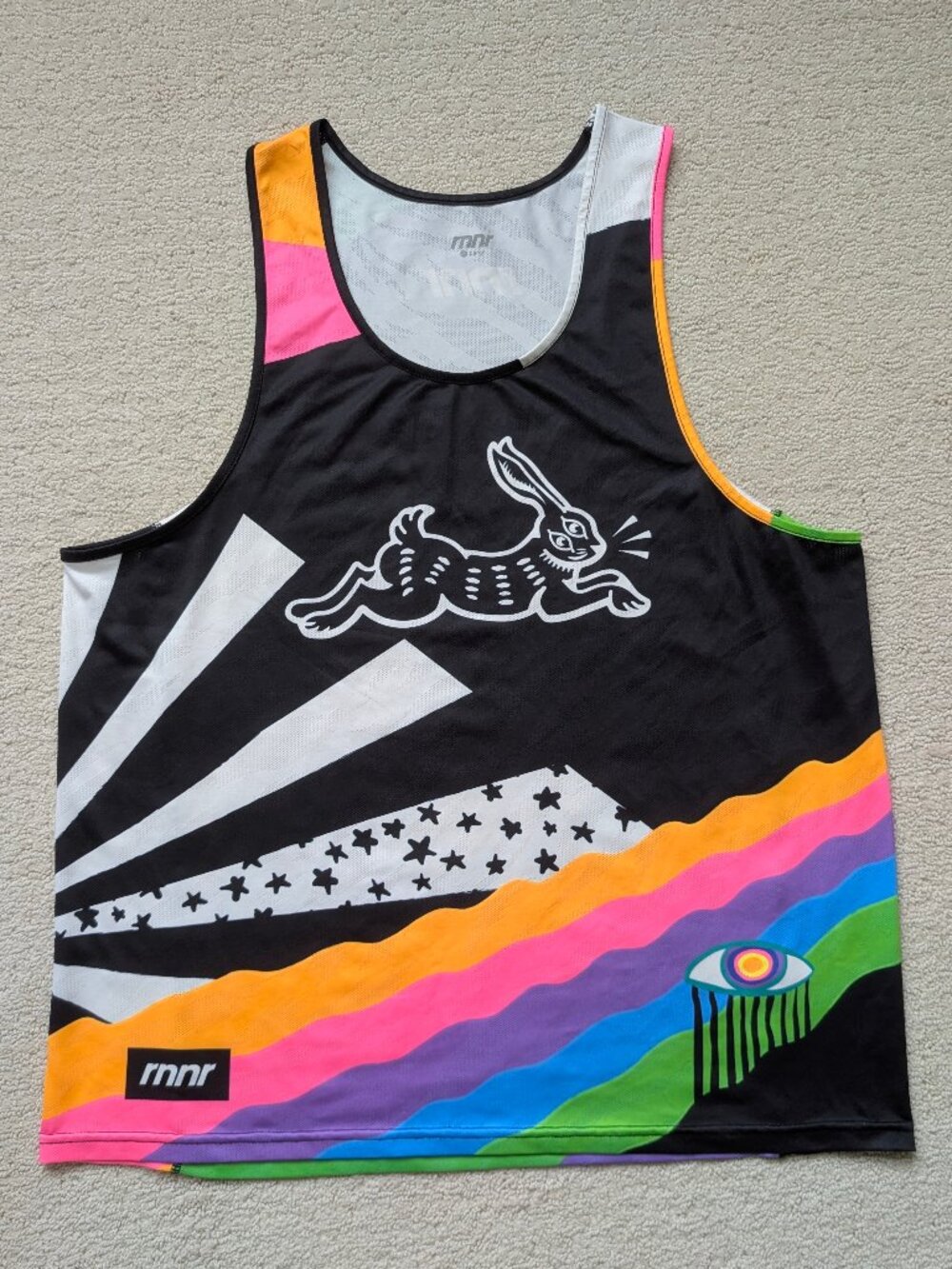 LN RNNR Rabbit Men's Large Vibrant Color Print Tank Top NEON Running Singlet EUC